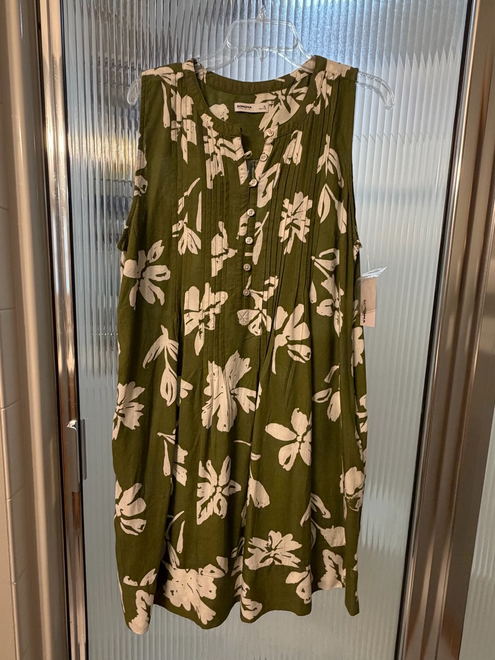 Sonoma Olive Green Sleeveless Floral Button-Front Dress